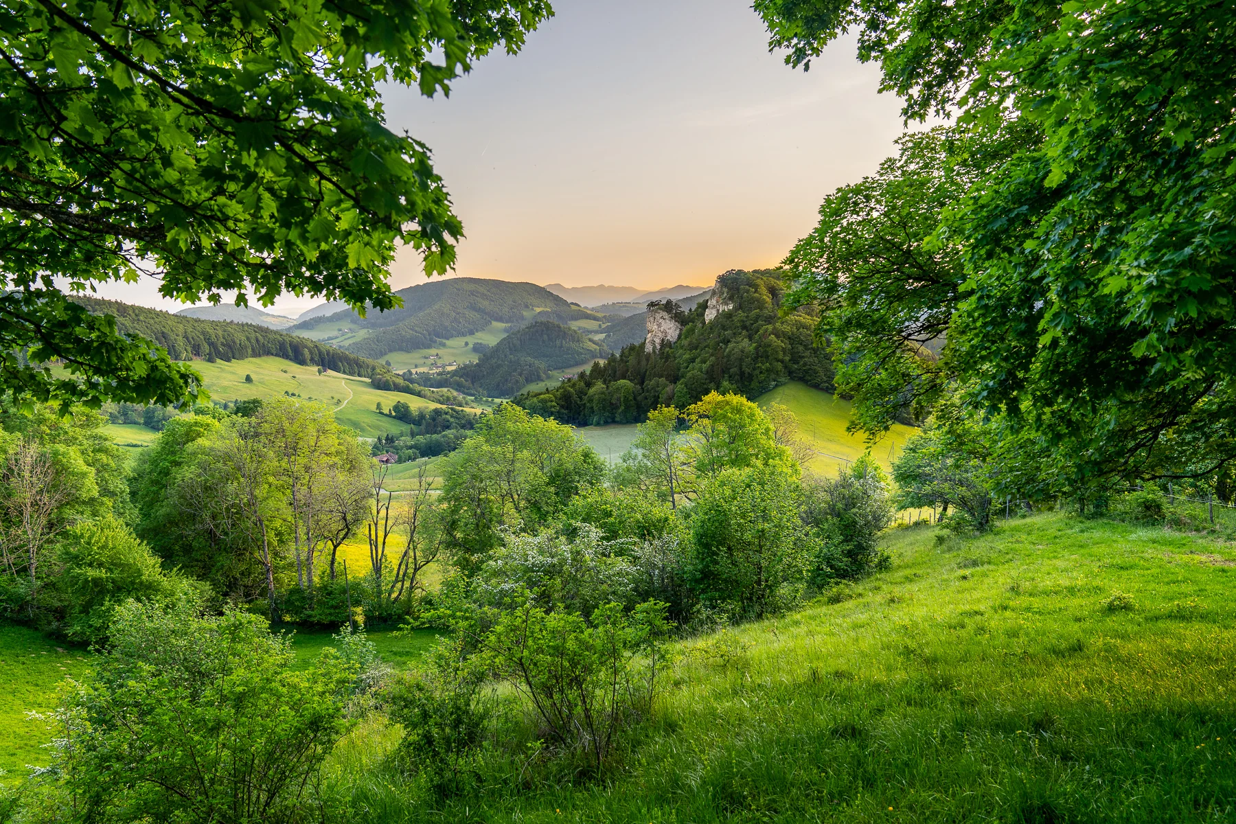 Idyllische Frühlingslandschaft in der Belchenregion Baselland mit spiegelndem See, grünen Wiesen und Alpenpanorama bei...