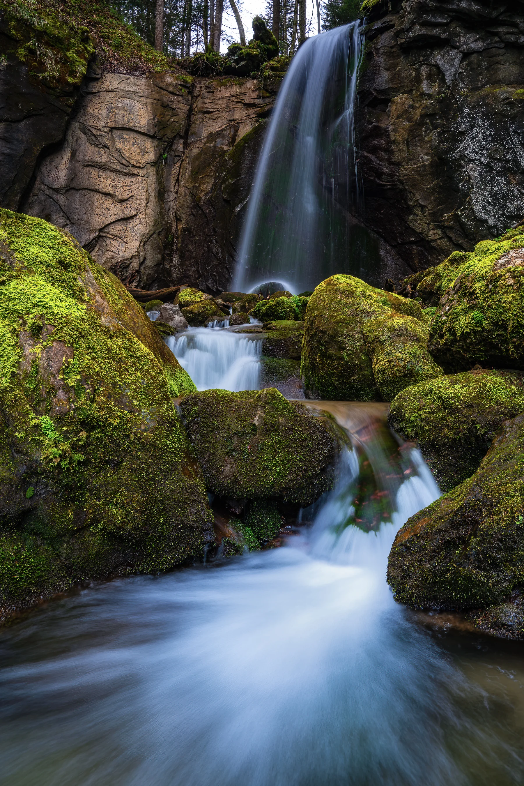 Seidiger Wasserfall über bemooste Felsen im Schweizer Wald, Langzeitbelichtung Naturfotografie